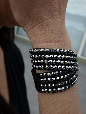 Leather Studded Wrap Bracelet- Crystal Black